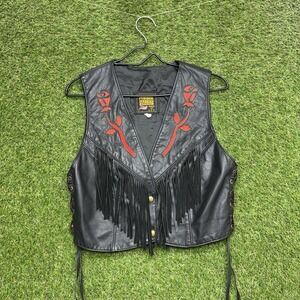 Protech Leather Apparel Vest Womens 14 Black Leather Fringe Rose Embroidered